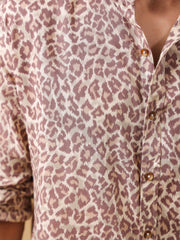 Brown Animal Print Cuban Collar Cotton Men's Shirt