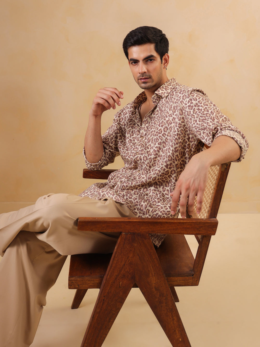 Brown Animal Print Band Collar Long Sleeve Cotton Men's Shirt