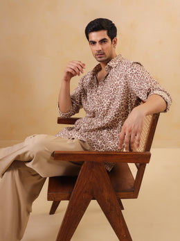 Brown Animal Print Cuban Collar Cotton Men's Shirt