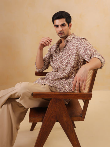 Brown Animal Print Cuban Collar Cotton Men's Shirt