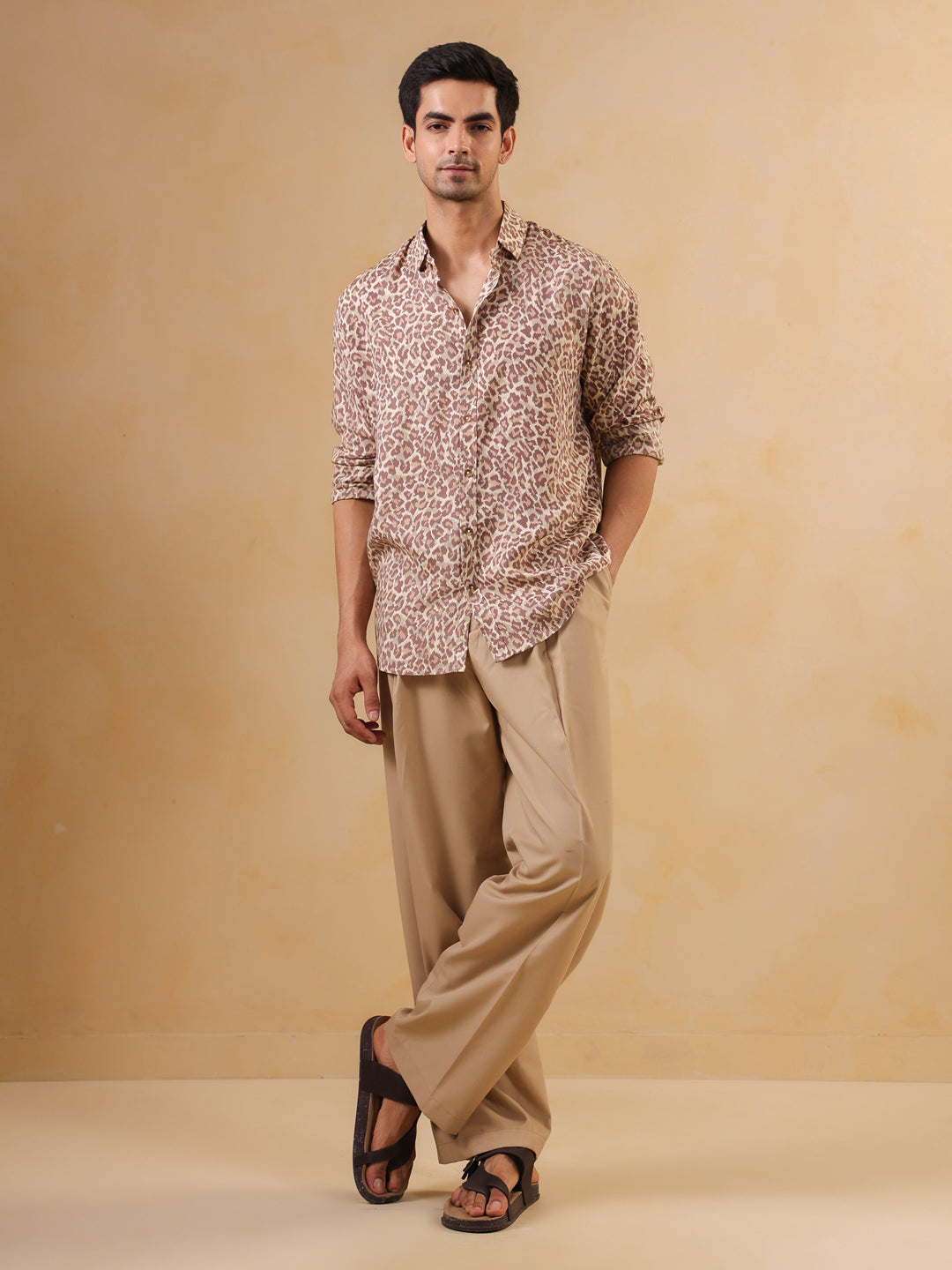 Brown Animal Print Band Collar Long Sleeve Cotton Men's Shirt