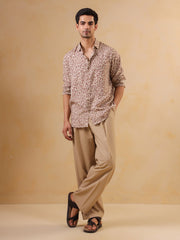 Brown Animal Print Cuban Collar Cotton Men's Shirt