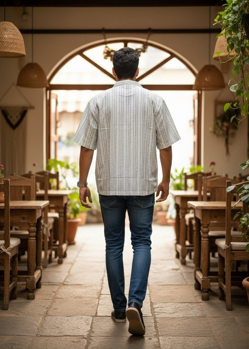 Off White Cuban Collar Striped Relaxed Fit Cotton Men's Shirt