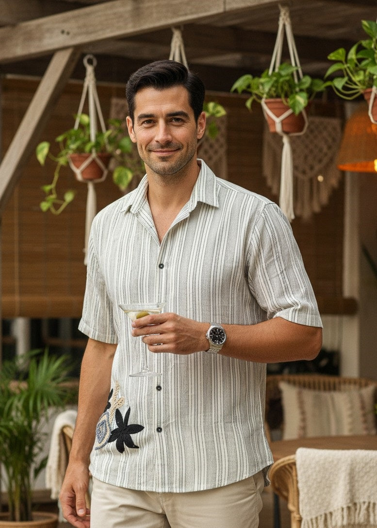 Off White Cuban Collar Striped Relaxed Fit Cotton Men's Shirt