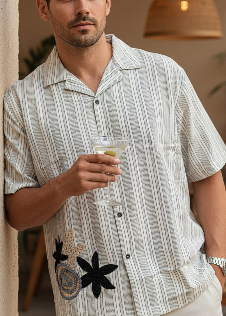 Off White Cuban Collar Striped Relaxed Fit Cotton Men's Shirt