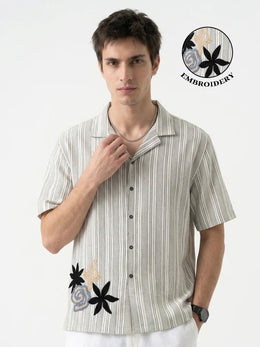 Off White Cuban Collar Striped Embroidred Casual Cotton Oversized Men's Shirt