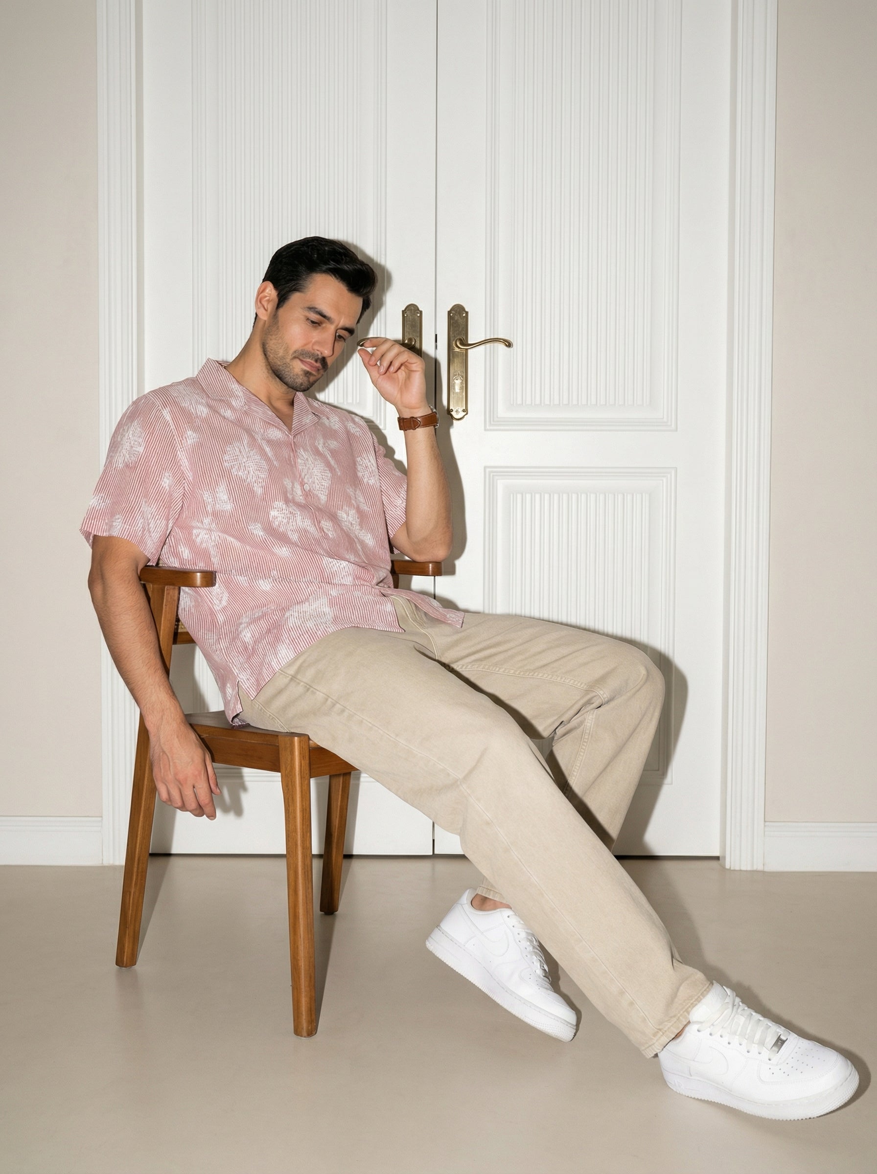 Rust Striped Cuban Collar Cotton Men's Shirt (Handloom Fabric)