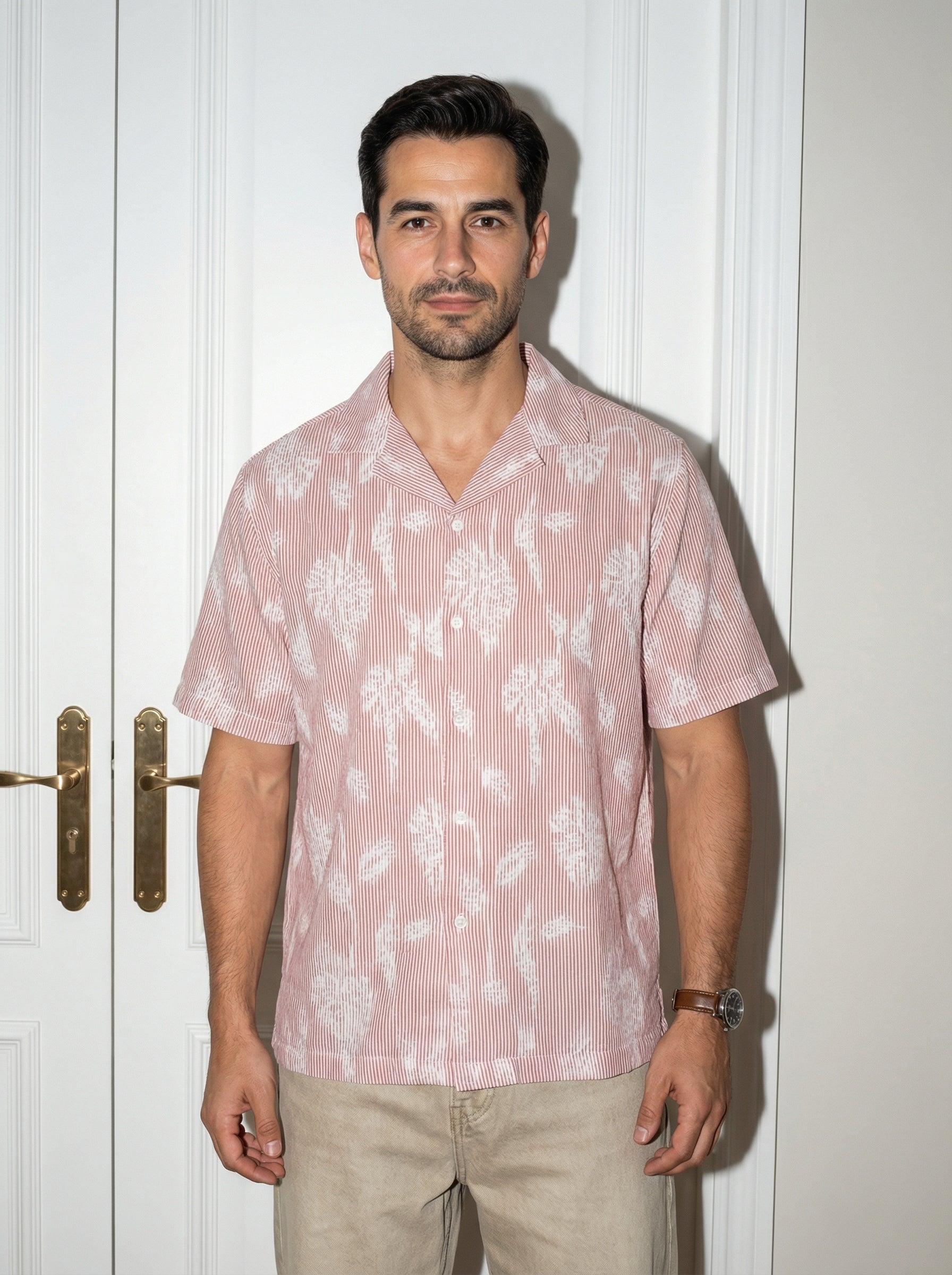 Rust Striped Cuban Collar Cotton Men's Shirt (Handloom Fabric)