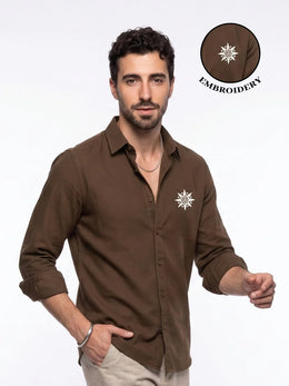 Brown Embroidred Band Collar Casual Cotton Men's Shirt