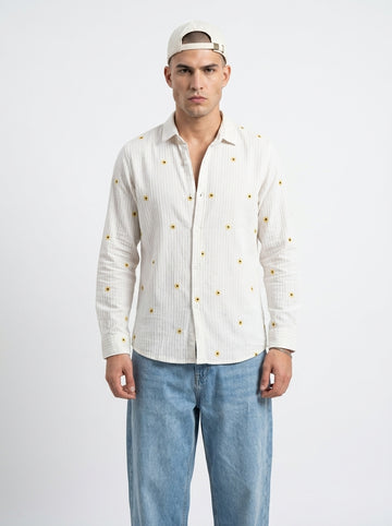 White Band Collar Floral Embroidered Casual Cotton Men's Shirt