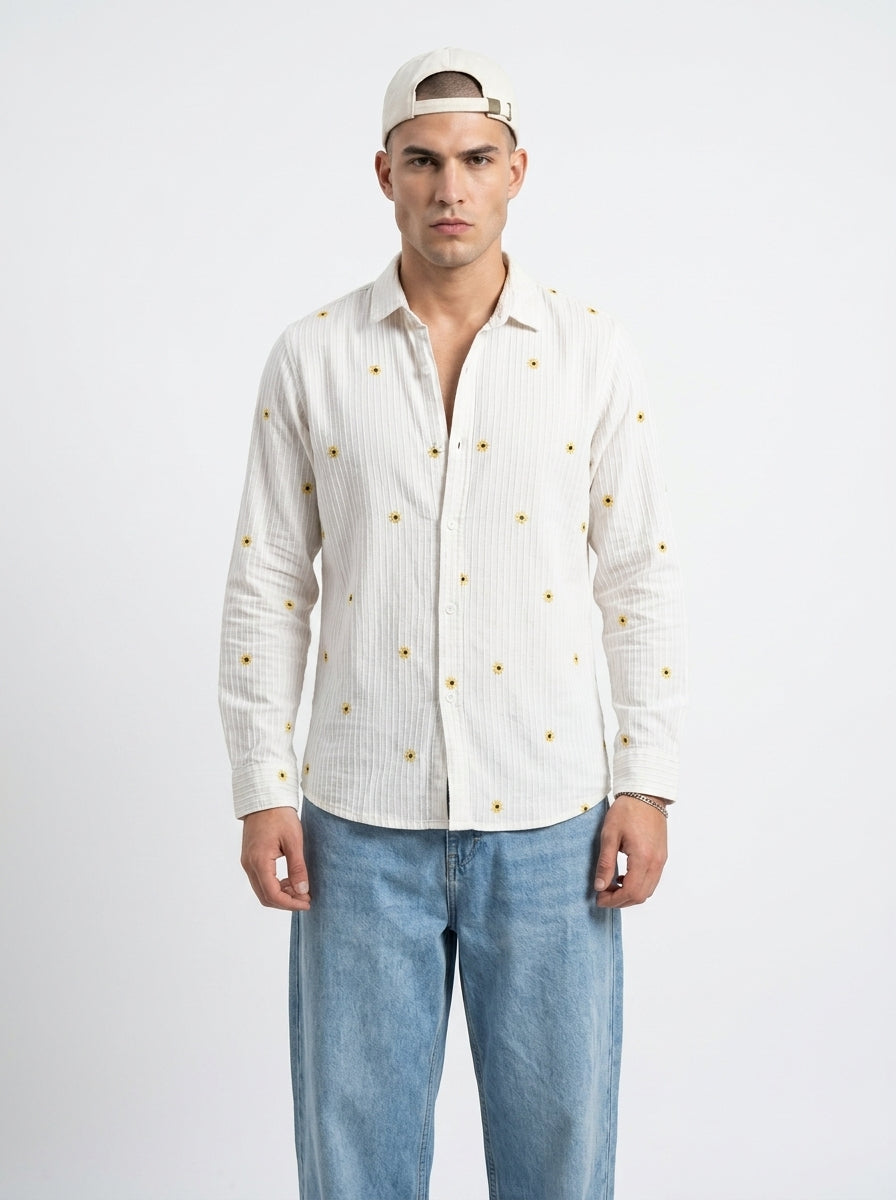 White Band Collar Floral Embroidered Casual Cotton Men's Shirt