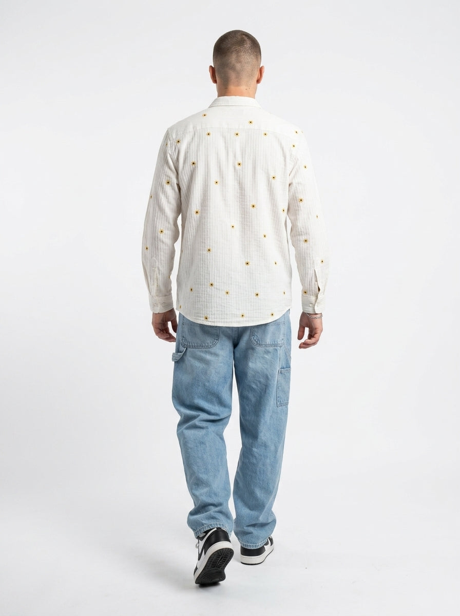 White Band Collar Floral Embroidered Casual Cotton Men's Shirt