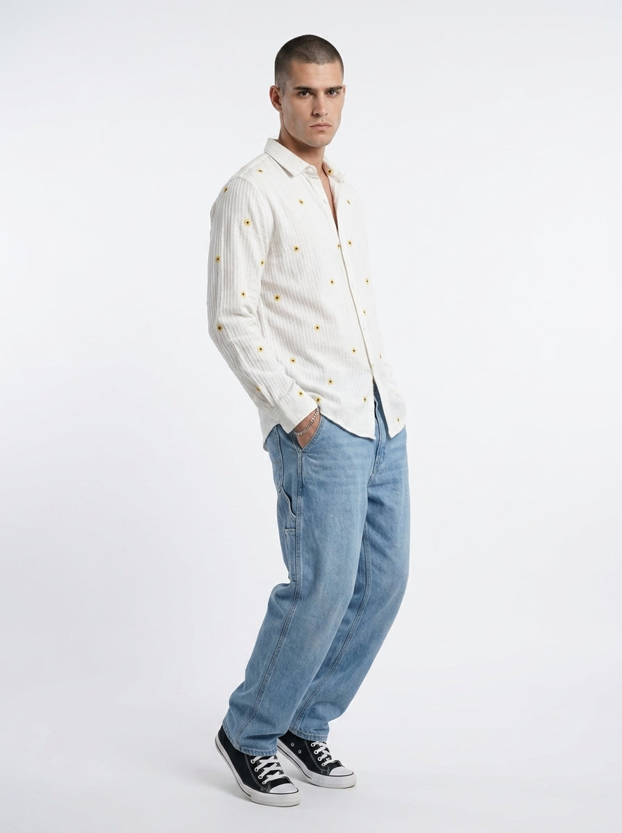 White Band Collar Floral Embroidered Casual Cotton Men's Shirt
