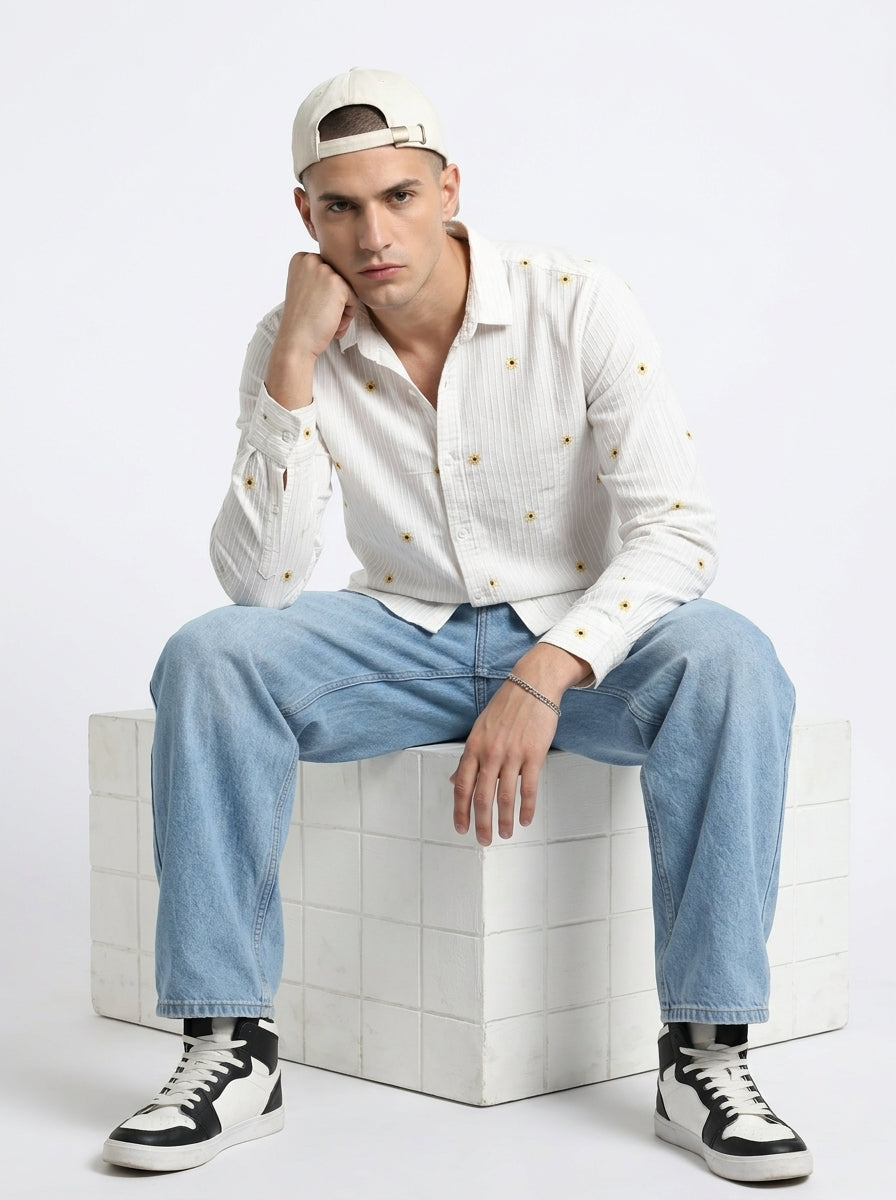 White Band Collar Floral Embroidered Casual Cotton Men's Shirt