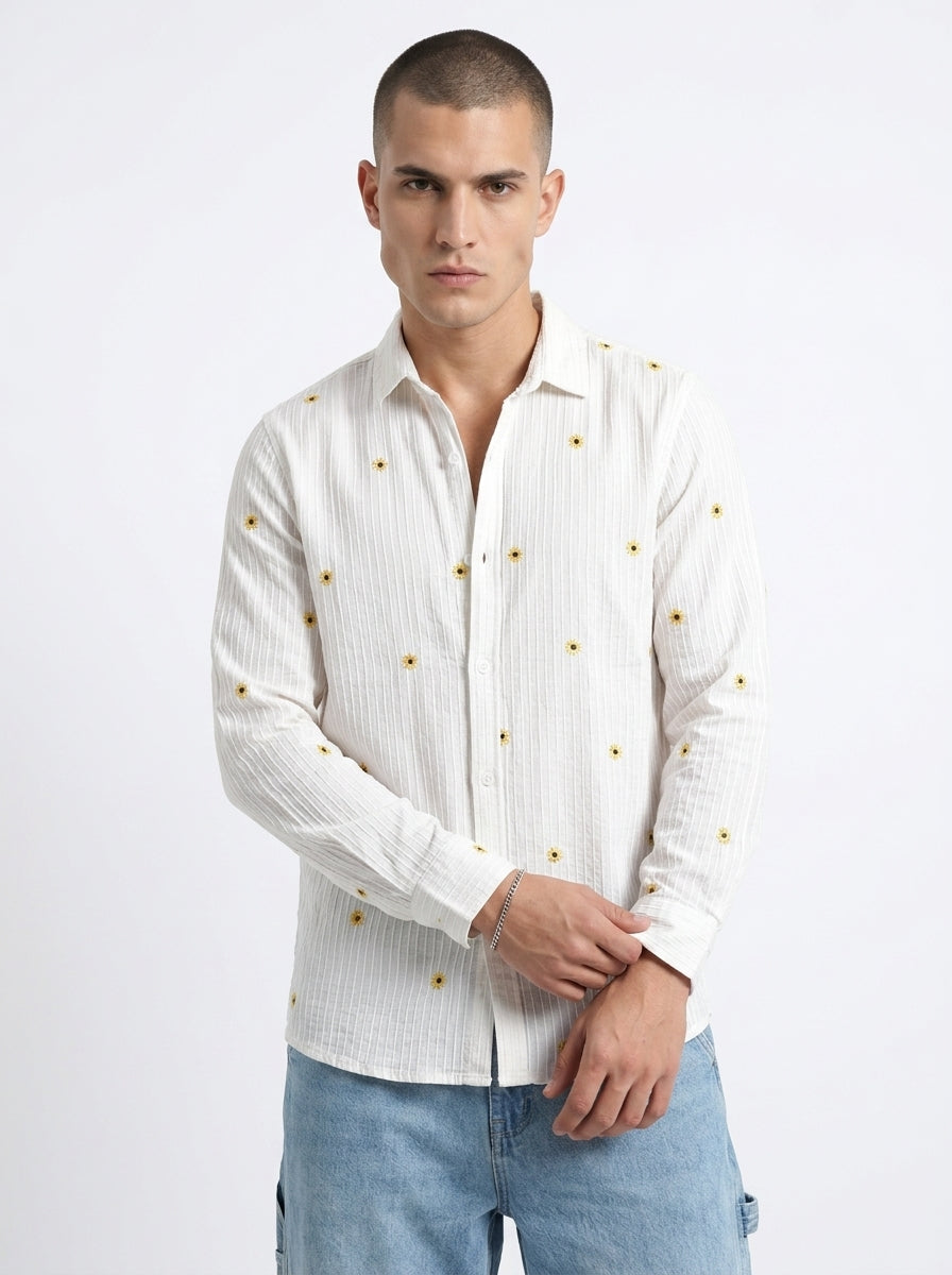 White Band Collar Floral Embroidered Casual Cotton Men's Shirt