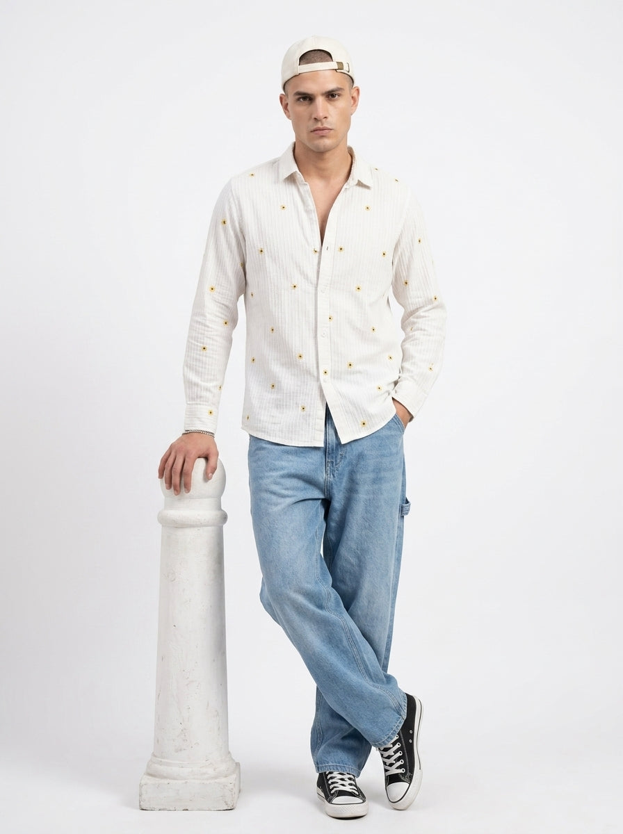 White Band Collar Floral Embroidered Casual Cotton Men's Shirt