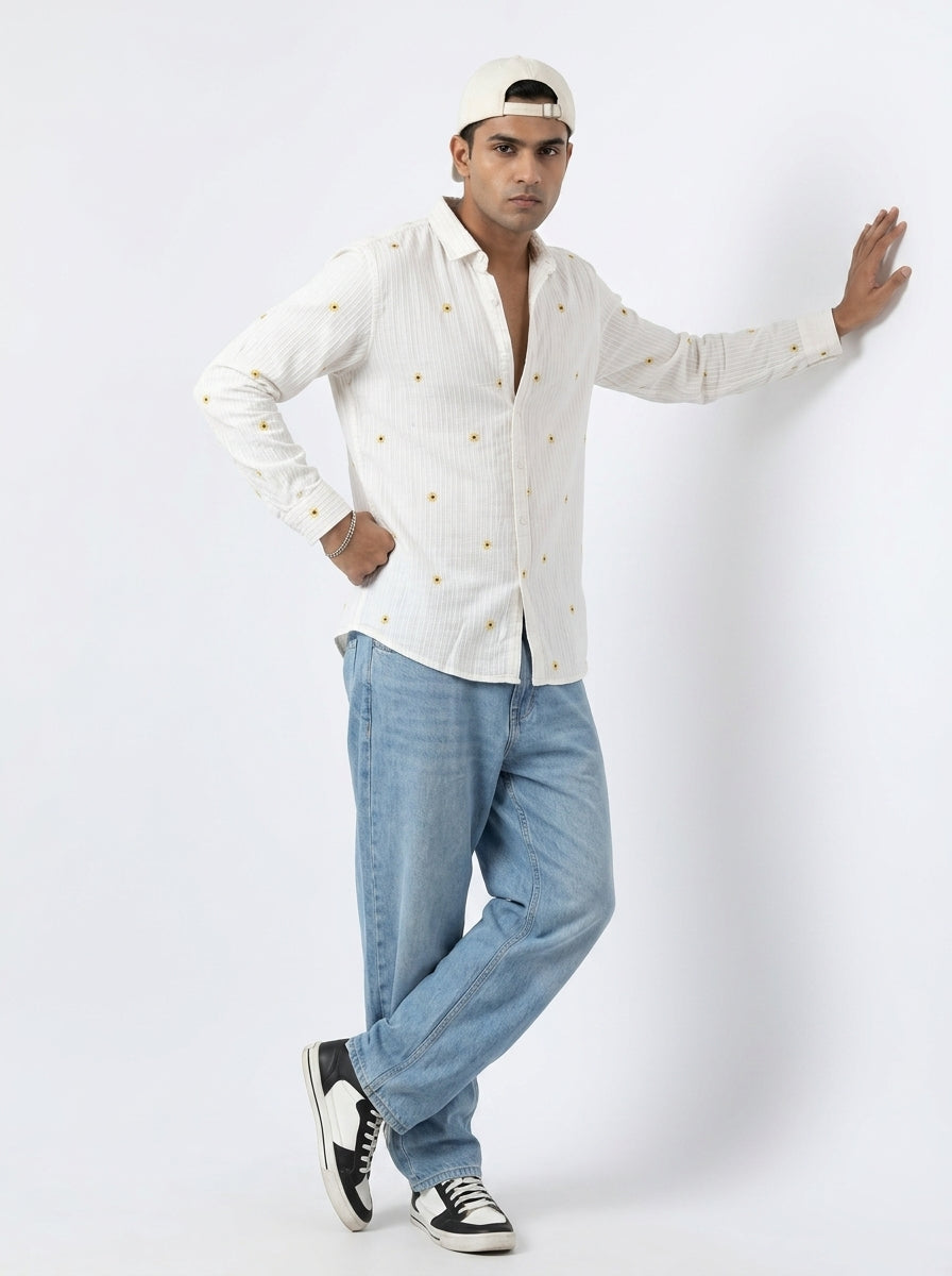 White Band Collar Floral Embroidered Casual Cotton Men's Shirt
