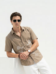 Brown Embroidered Cotton Band Collar Cotton Men's Shirt