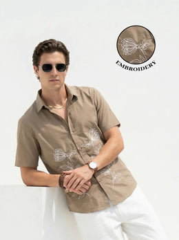 Brown Embroidered Cotton Band Collar Cotton Men's Shirt