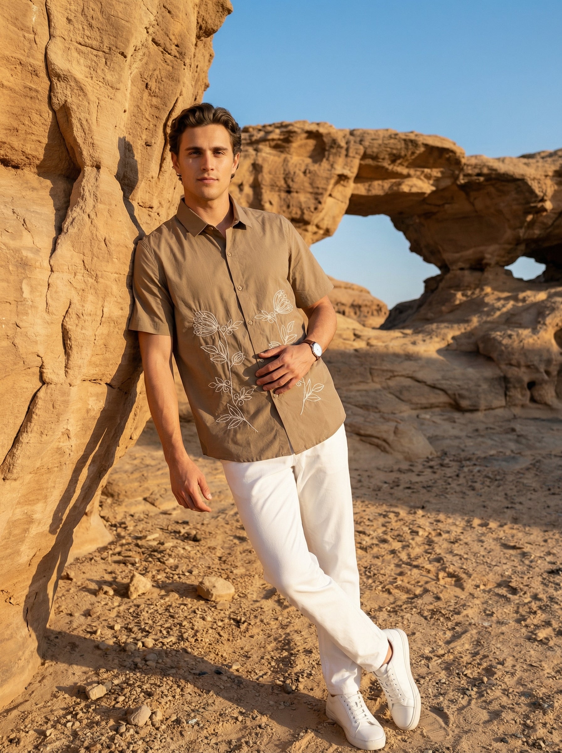 Brown Band Collar Embroidered Cotton Men's Shirt