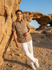 Brown Embroidered Cotton Band Collar Cotton Men's Shirt