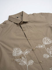 Brown Embroidered Cotton Band Collar Cotton Men's Shirt