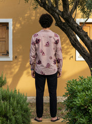 Mauve Band Collar Conversational Print Cotton Men's Shirt
