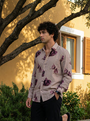 Mauve Band Collar Conversational Print Cotton Men's Shirt