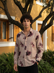 Mauve Band Collar Conversational Print Cotton Men's Shirt