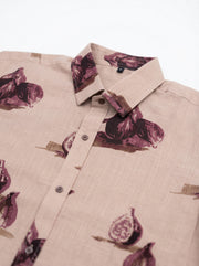 Mauve Band Collar Conversational Print Cotton Men's Shirt