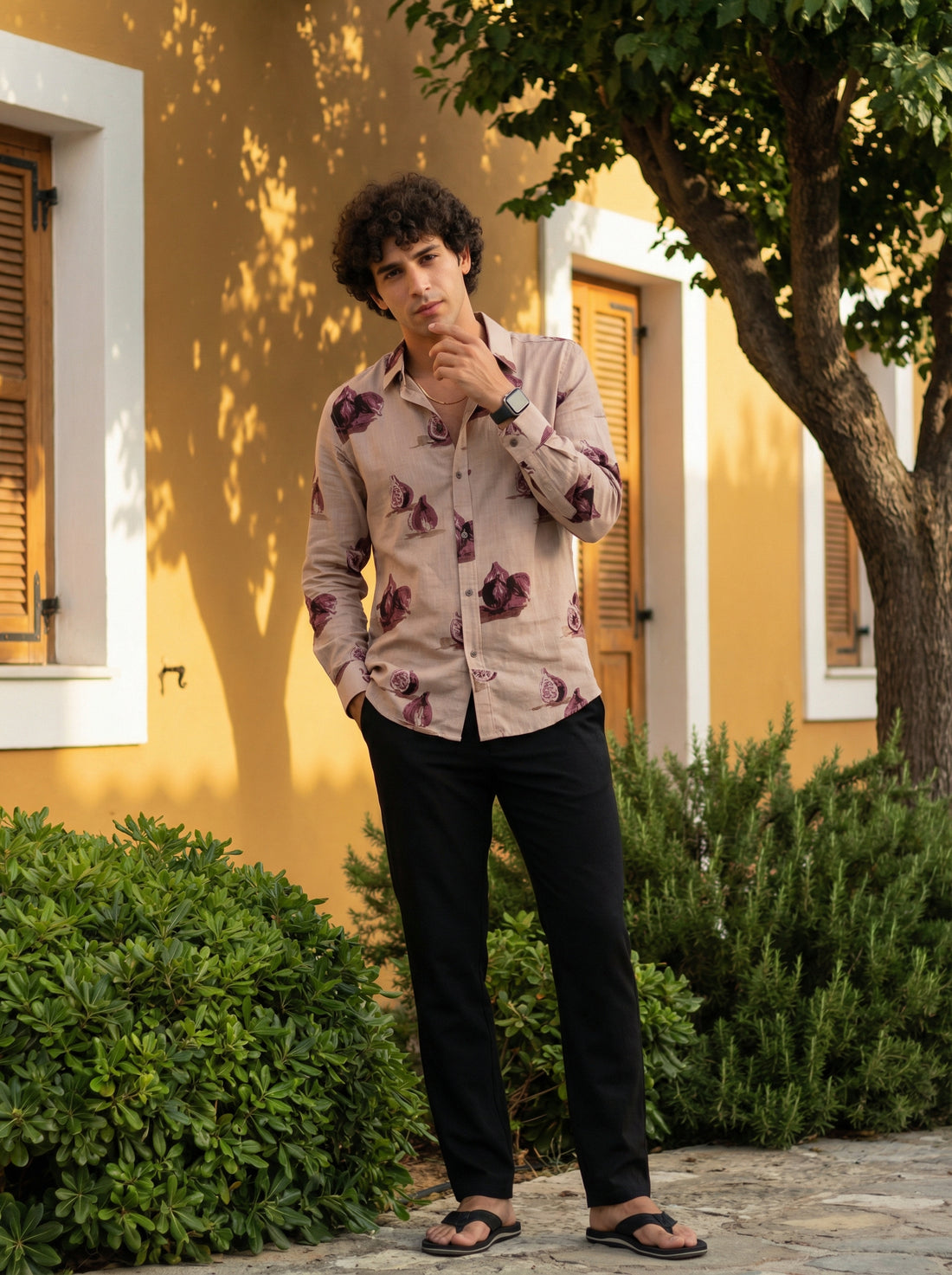 Mauve Band Collar Conversational Print Cotton Men's Shirt