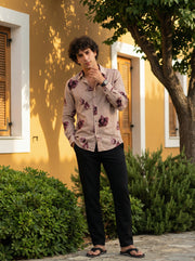 Mauve Band Collar Conversational Print Cotton Men's Shirt
