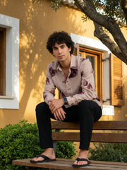 Mauve Band Collar Conversational Print Cotton Men's Shirt