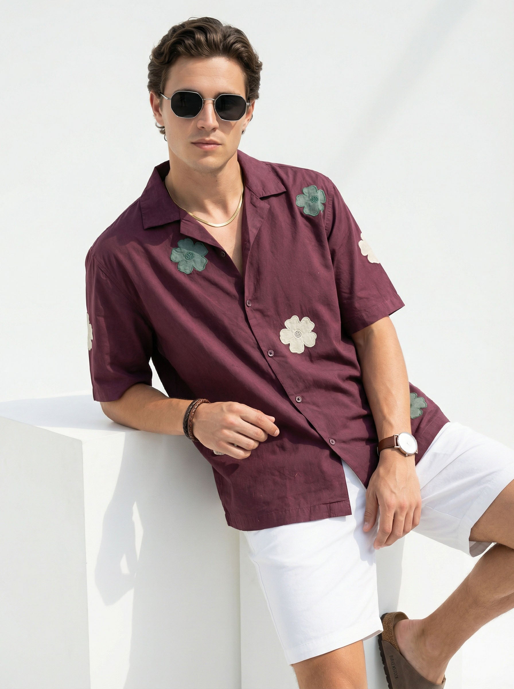 Maroon Cuban Collar Embroidered Relaxed Fit Cotton Men's Shirt