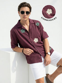 Maroon Cuban Collar Embroidered Cotton Men's Shirt