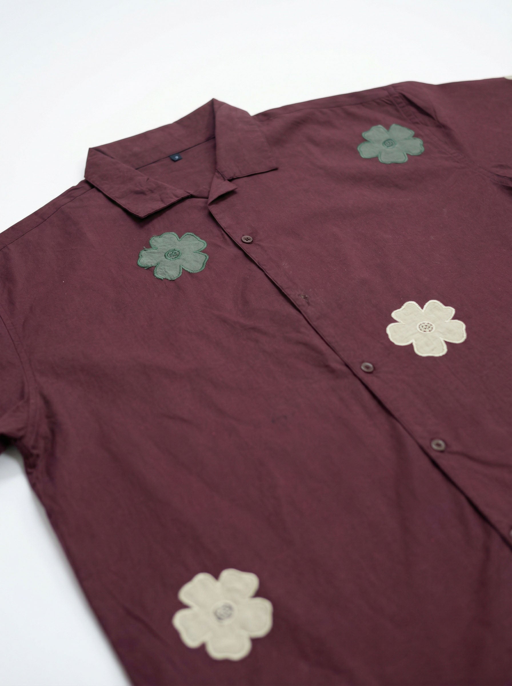 Maroon Cuban Collar Embroidered Relaxed Fit Cotton Men's Shirt