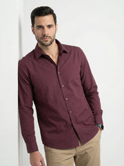 Maroon Solid Cotton Band Collar Cotton Men's Shirt