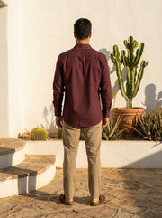 Maroon Solid Cotton Band Collar Cotton Men's Shirt