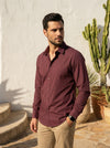 Maroon Solid Cotton Band Collar Cotton Men's Shirt