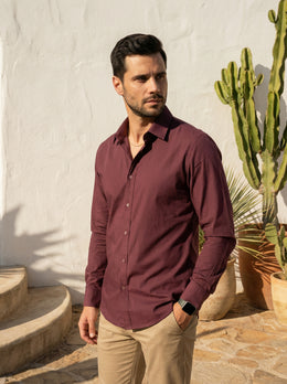 Maroon Solid Cotton Band Collar Cotton Men's Shirt