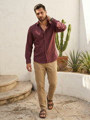 Maroon Solid Cotton Band Collar Cotton Men's Shirt