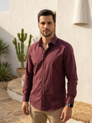 Maroon Solid Cotton Band Collar Cotton Men's Shirt