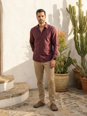 Maroon Solid Cotton Band Collar Cotton Men's Shirt