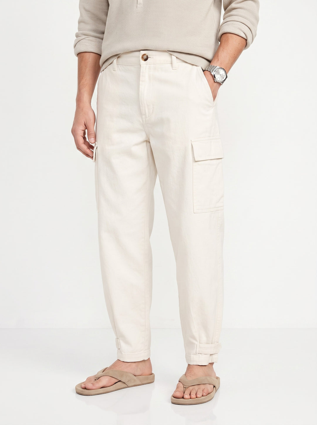 Off-White Solid Relaxed Fit Utility Cotton Men's Cargo