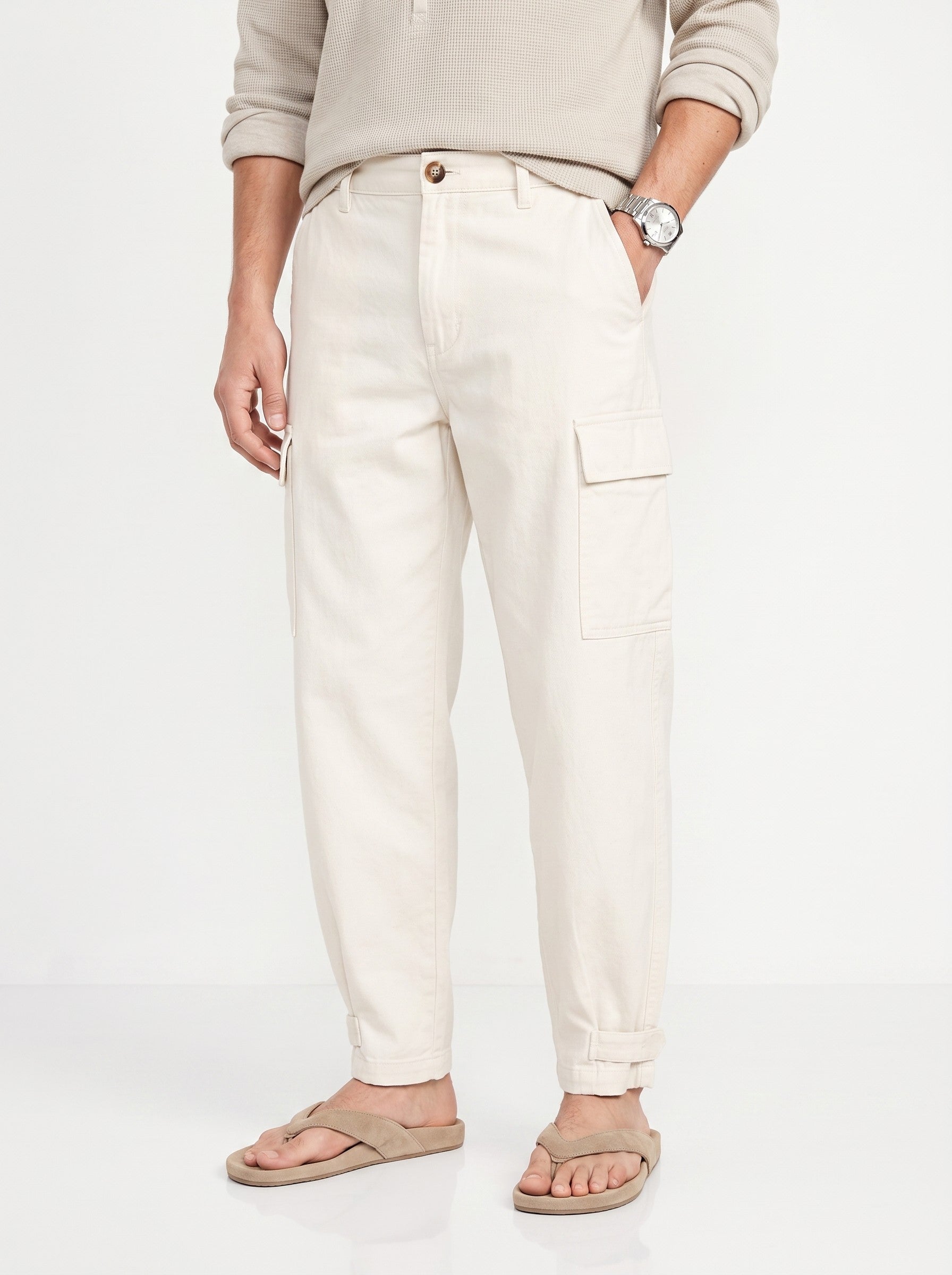 Off-White Solid Relaxed Fit Utility Cotton Men's Cargo