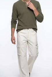 Off-White Solid Mid-Rise Straight Fit Utility Cargo Trousers For Men's