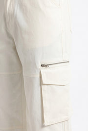 Off-White Solid Mid-Rise Straight Fit Utility Cargo Trousers For Men's