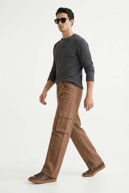Tobacco Brown Mid-Rise Straight Fit Cargo Trousers For Men's