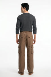 Tobacco Brown Mid-Rise Straight Fit Cargo Trousers For Men's