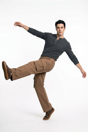 Tobacco Brown Mid-Rise Straight Fit Cargo Trousers For Men's